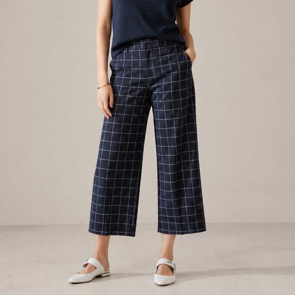 Banana Republic Slim Wide-Leg Plaid Cropped Pants Womens 8R Navy S/541496 NWT
